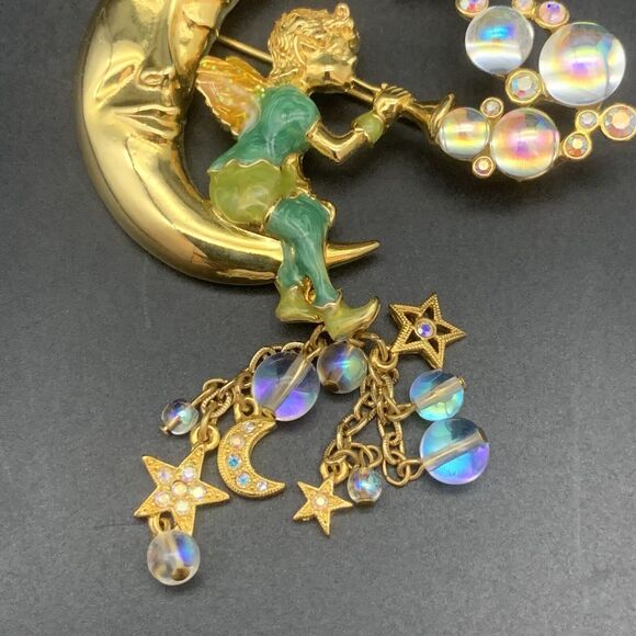 Vintage Kirks Folly Pipedream Fairy Moon Bubbles Charm Rhinestone Pin Brooch - Picture 3 of 10